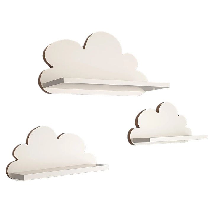 Rafturi Chmurki Set 3 bucati, Moliland, stil scandinav, MDF natural, alb