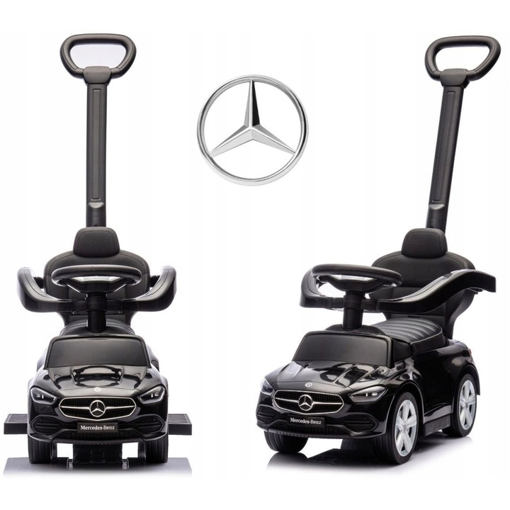 Masina cu maner Milly Mally Mercedes C-Class Deluxe, scaun ecologic, multicolor, dimensiuni 63x28x92cm, set de jucarii pentru copii