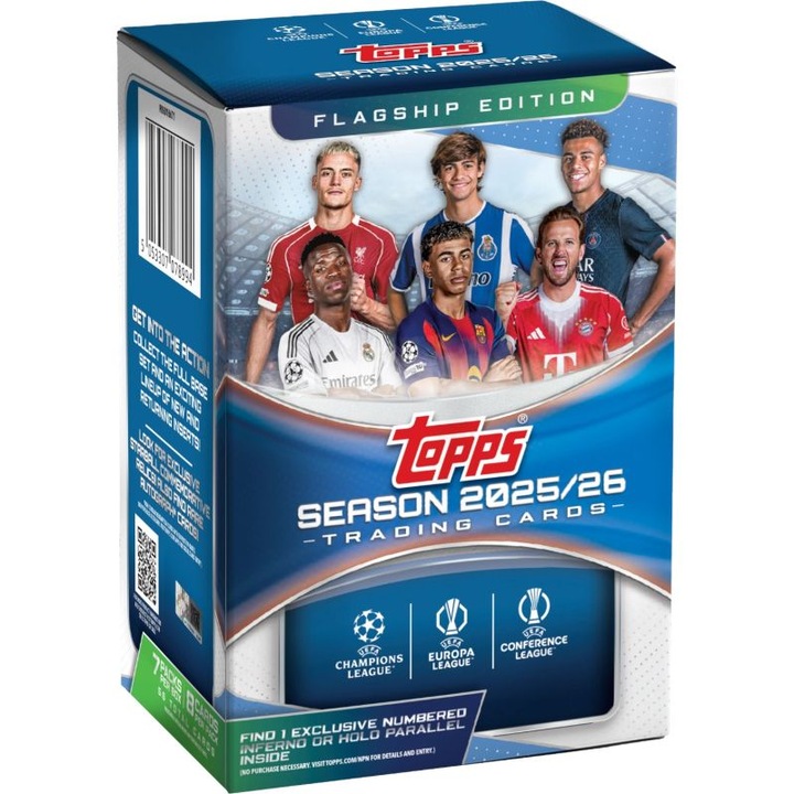 Set carduri de fotbal Topps 2025-26 Topps Uefa Club Competitions (Flagship) Value Box 7 pachete/cutie 8 carduri/pachet. Fiecare cutie contine un (1) paralel Inferno/Holo numerotat secvential