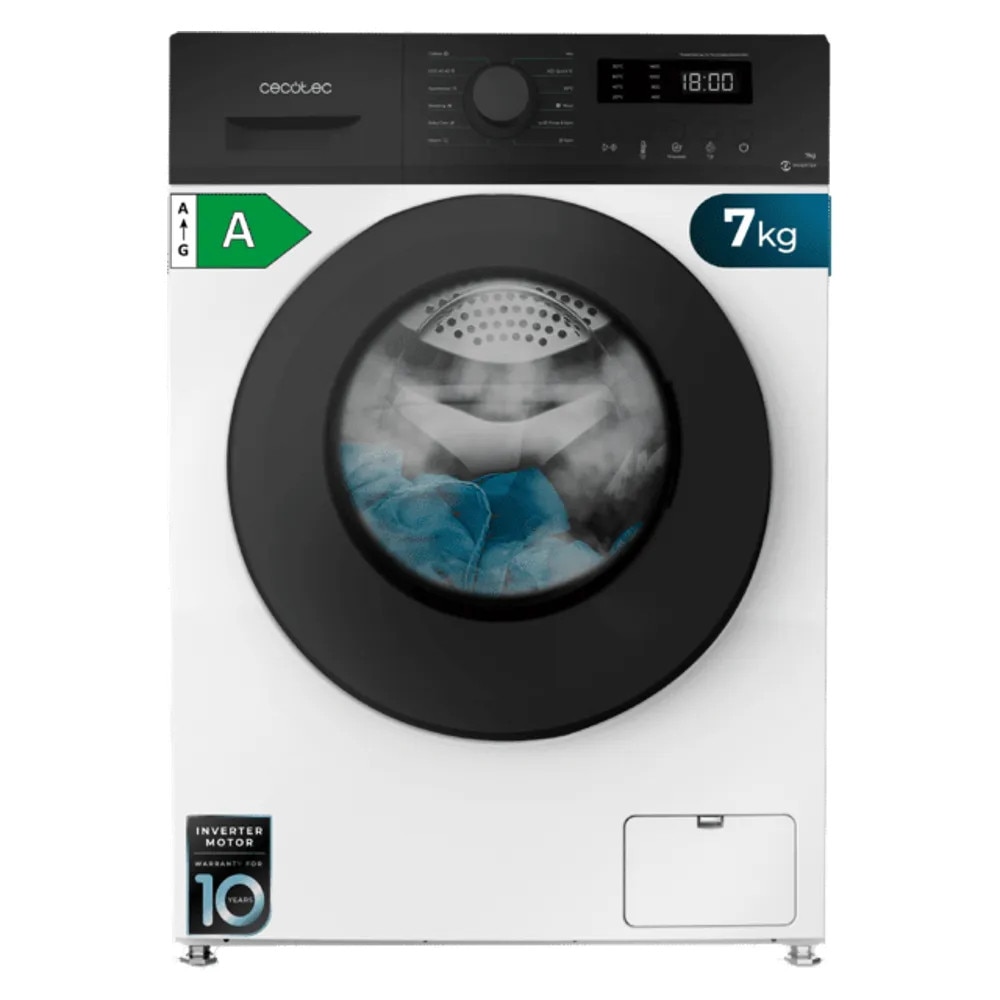 Masina de spalat rufe Cecotec, Bolero DressCode 7150 Inverter A, capacitate 7 kg, viteza max. centrifugare 1400 rpm, 12 programe, clasa eficienta energetica A, Motor Inverter Plus, Steam Max, functie Drum Clean, programare intarziata, Child Lock, alb