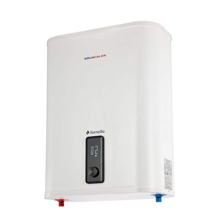 Boiler electric Fornello AQUACALDA Flat, 50 Litri, 2000 watt, reglaj extern al temperaturii, poliuretan expandat, montare Verticala sau Orizontala, grad de protectie IPX4, anod de magneziu si afisaj digital