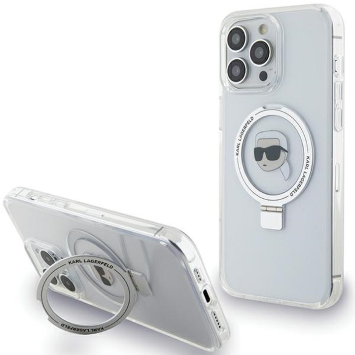 Husa iPhone 15, Karl Lagerfeld, design elegant, alb, compatibila cu MagSafe