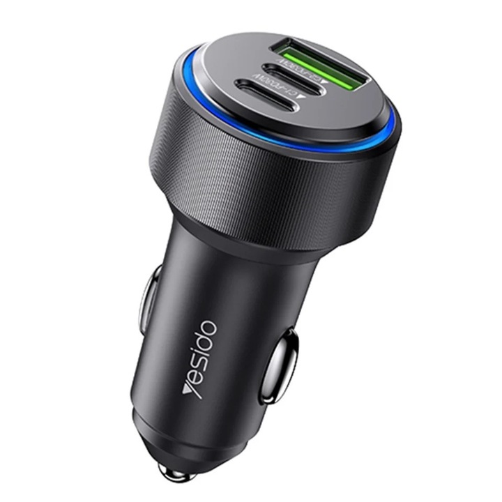Incarcator auto, 2x USB-C, 1x USB, 60W, Quick Charge, Yesido, Negru