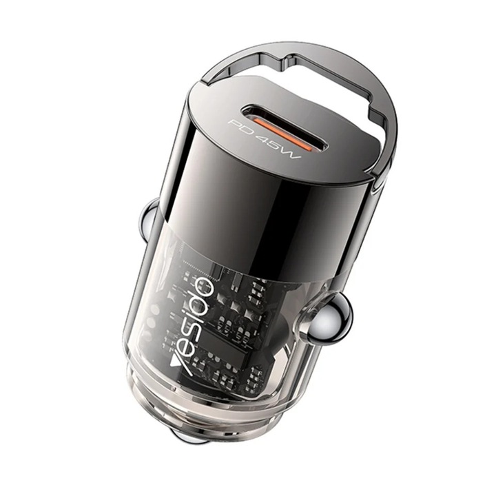 Incarcator auto, USB-C PD 45W, Mini, Aliaj Aluminiu, Yesido, Negru