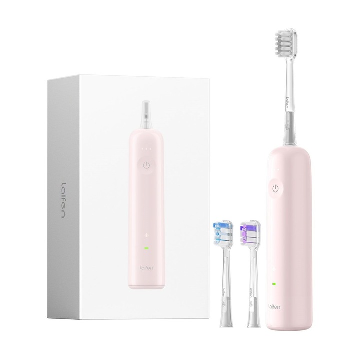 Periuta de dinti electrica, Laifen Wave, З Capete de periaj, autonomie 30-45 de zile, IPX, 66000 de vibratii, Oscileaza la 60°, Indicator baterie LED color, 2 baterii de 900 mAh, cu aplicatie, Plastic ABS roz