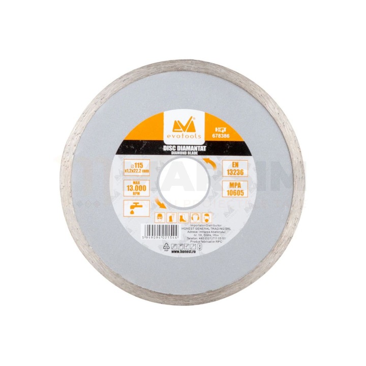 EVOTOOLS gyémánttárcsa 115mm, márvány és beton vágásához, belső átmérő 22.2mm, sarokcsiszolóhoz