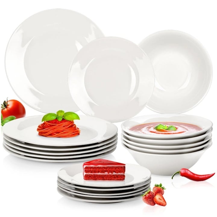 Set de cina cu 18 piese, farfurii si boluri pentru 6 persoane, alb clasic