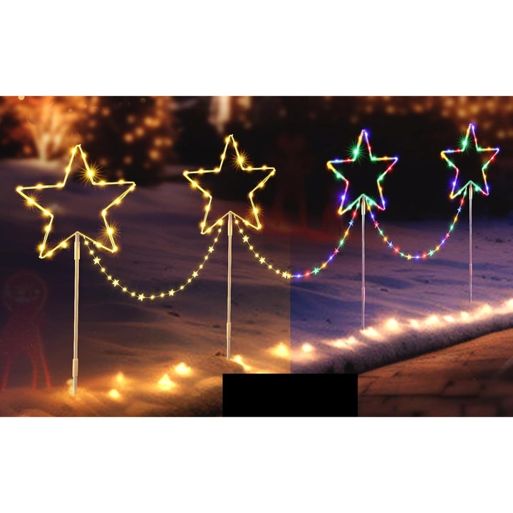 Set 4 lampi LED decorative in forma de stea, 30 cm, 21 LED-uri, multicolor, IP65