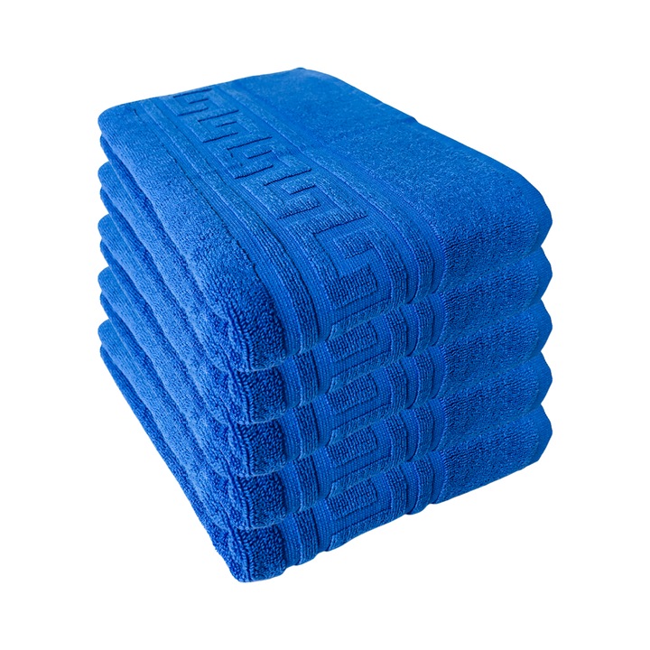 Set 5 Prosoape Greek, 50x90 cm, 500 GSM, 100% Bumbac Pakistanez, Albastru, Model Greek Bordor