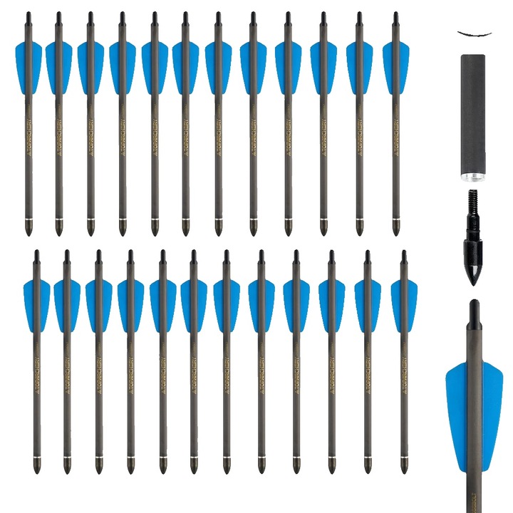 Sageti de arbaleta, 24 bucati, carbon, 218x13mm, 2 pene, albastru