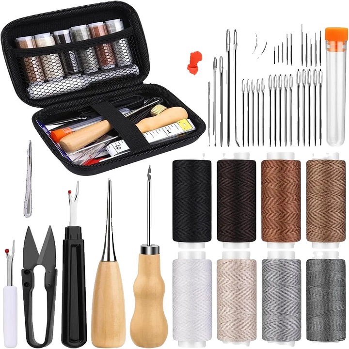 Kit complet de unelte pentru cusut piele, 32 ace, 8 culori de fir, include awl-uri si decupatoare de cusaturi, geanta de depozitare portabila
