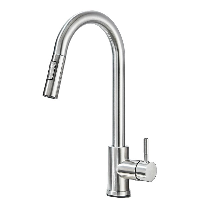 Csaptelep, kihúzható kifolyócső, kettős zuhany mód, szálcsiszolt nikkel, munkalapra szerelhető