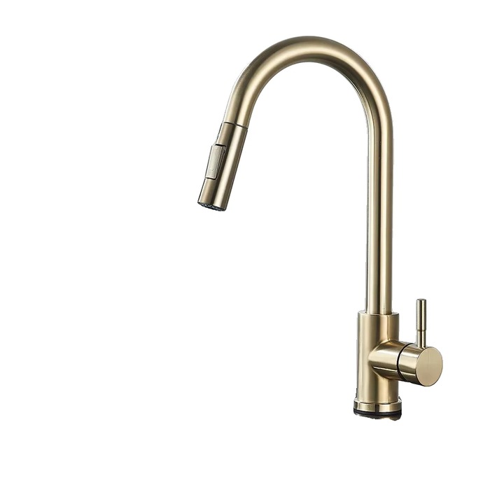 Csaptelep, kihúzható kifolyócső, kettős zuhany mód, szálcsiszolt arany, munkalapra szerelhető