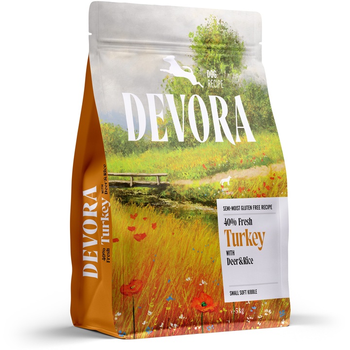 Hrana semi-umeda pentru caini, Devora, Semi-Moist, talie mica, caprioara si curcan, 5 kg