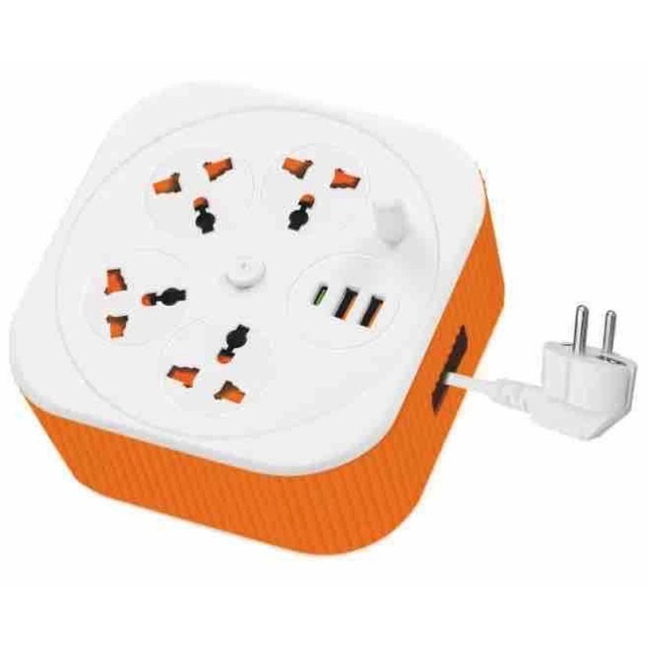 Prelungitor de calatorie, 4 Prize / 2 USB A / 1 USB C, 2m, 10A, 250V, culoare portocaliu