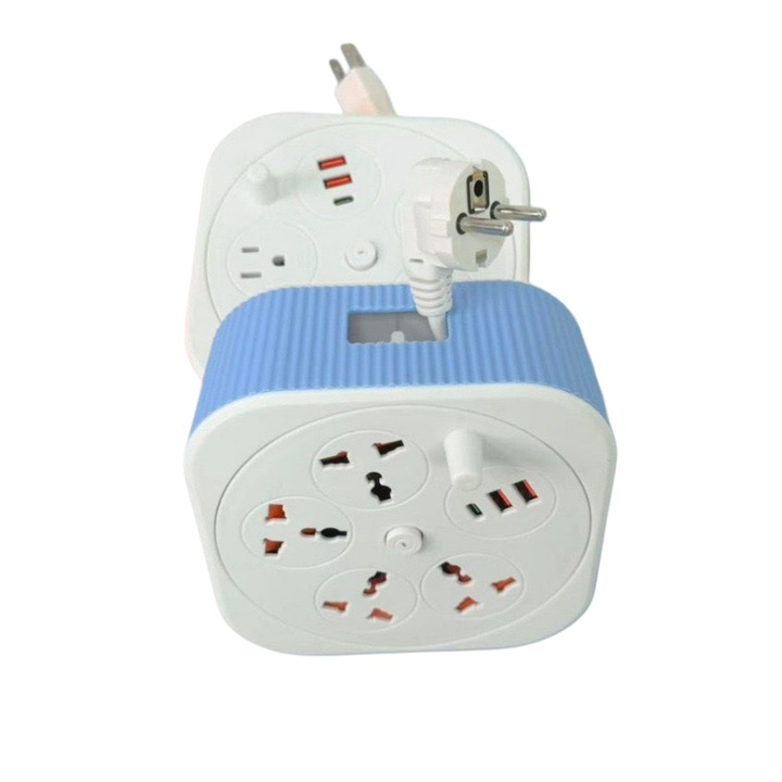 Prelungitor de calatorie, 4 Prize / 2 USB A / 1 USB C, 2m, 10A, 250V, culoare bleu