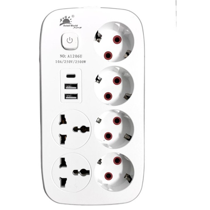 Prelungitor cu 6 prize, 2 UK, 4 EU standard, 2 USB A si 1 USB-C, cablu 2 metri, 2500W, culoare alb