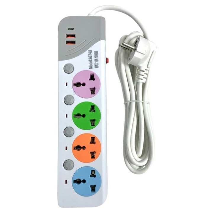 Prelungitor cu 4 prize UK, cablu 3 metri, 2 USB A, 1 USC C, 2500W, culoare multicolor