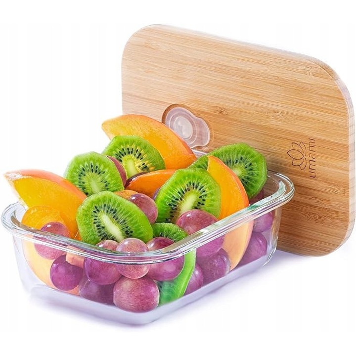 Cutie alimentara din sticla cu capac din lemn, 1200ml-2000ml, multicolor, set cu tacamuri si compartimente detasabile