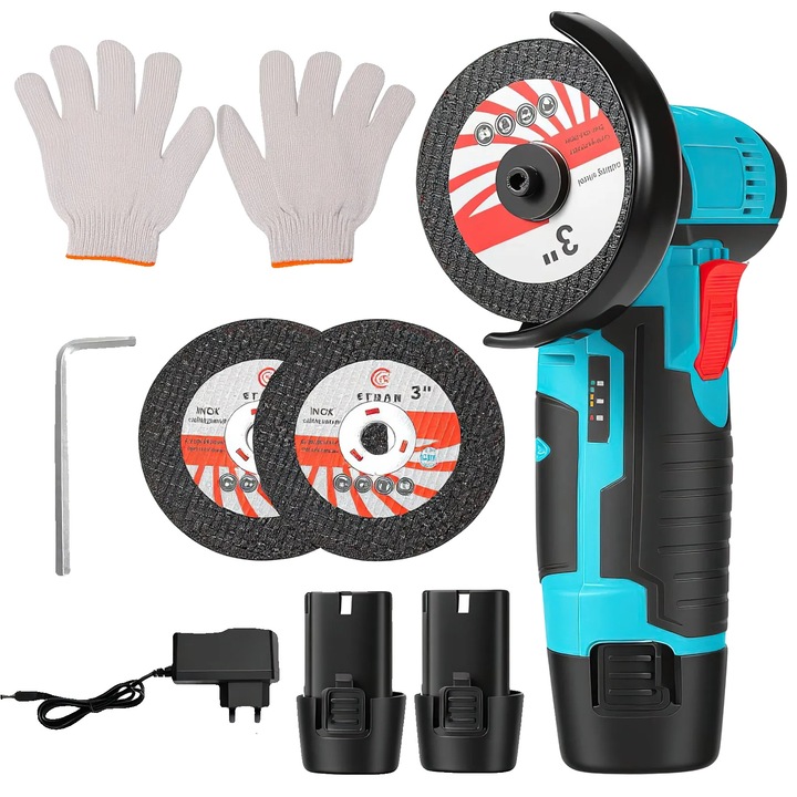 Polizor unghiular, 2 baterii, 19500 RPM, design ergonomic, 12V