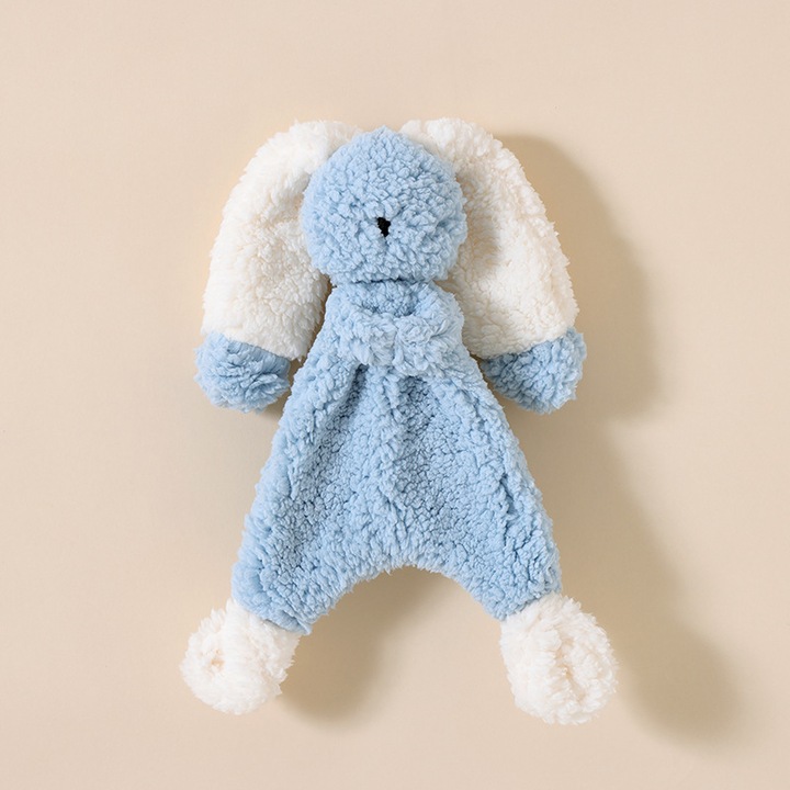 Paturica de confort pentru bebelusi, iepuras din lana de miel, jucarie de somn, alb + albastru, 30x30cm