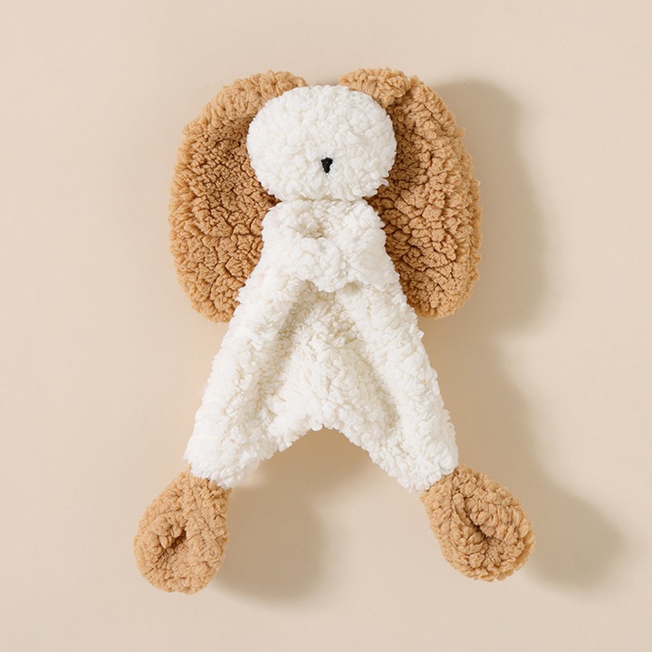 Paturica de confort pentru bebelusi, jucarie de plus iepuras, alb + khaki, din lana de miel, cu clopotel