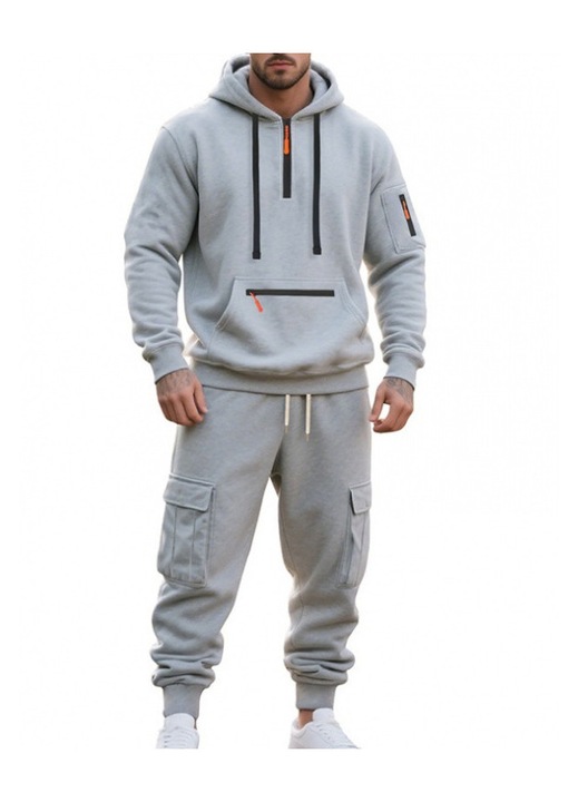 Set hanorac sport casual barbati, cu buzunare multiple, gri deschis, 2XL INTL