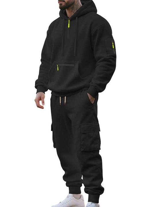 Set trning cu hanorac sport casual barbati, negru, multiple buzunare, fabricatie toamna/iarna