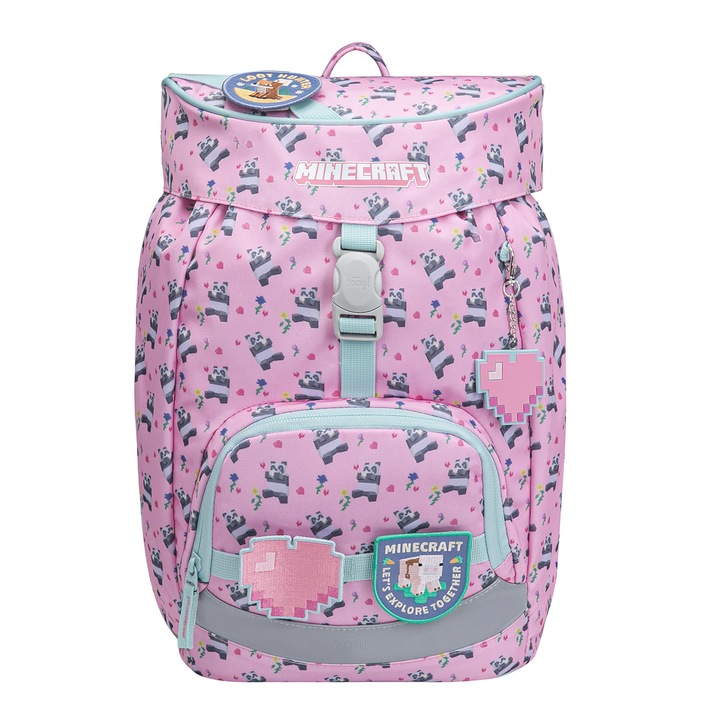 Rucsac scolar ultra-usor BAAGL Airy Minecraft Panda, ergonomic, 20L, 20x25x40 cm, Roz, varsta 6-10 ani