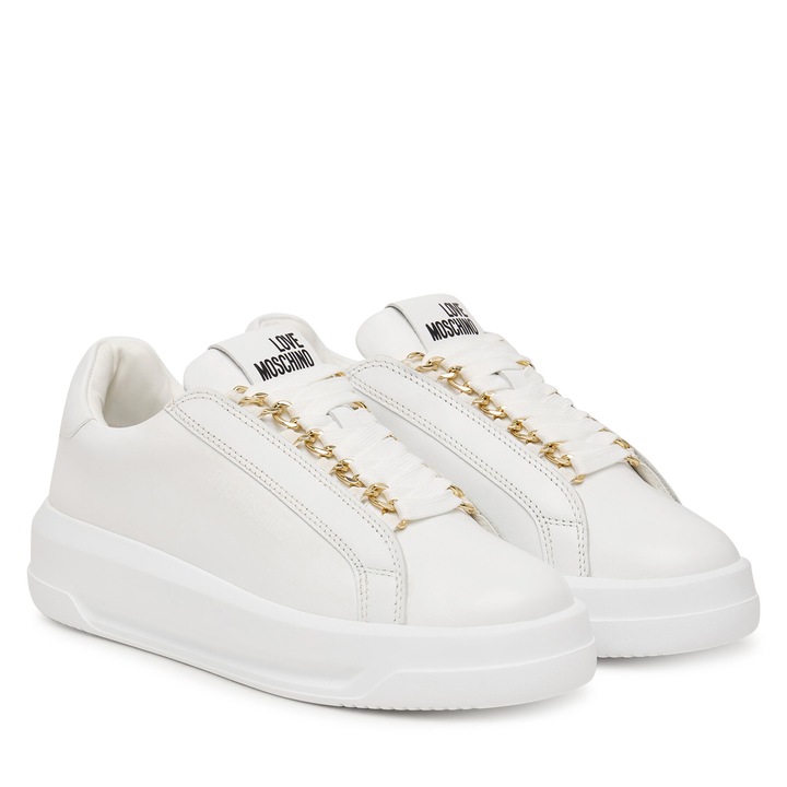 Női tornacipő, Love Moschino, természetes bőr, fehér, vastag talp