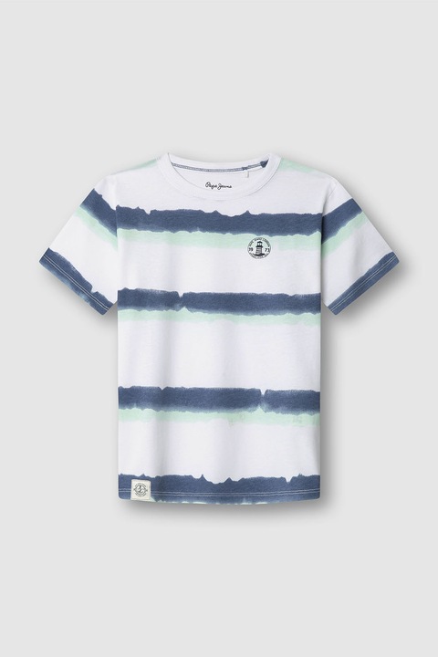 Pepe Jeans London, Batikolt mintájú pamutpóló, Fehér/Halványzöld/Tengerészkék