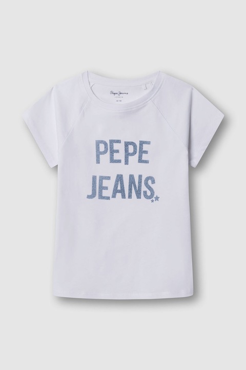 Pepe Jeans London, Pamutpóló logómintával, Púderkék/Fehér