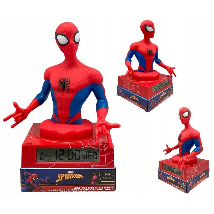 3D Pókember éjjeli lámpa órával, 21,5x13,5x13cm, többszínű