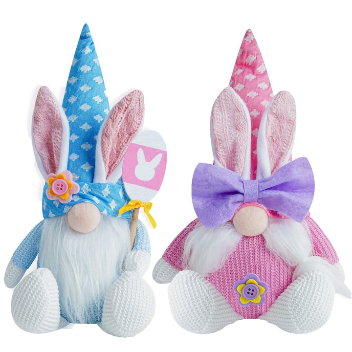 Set de doua papusi iepurase de Paste, tricotate, albastre si roz, fara fata.