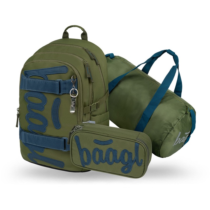 Set rucsac scolar 3 piese BAAGL Skate Olive: Rucsac 25L, Penar, Geanta sport, 20x29x43 cm, Verde
