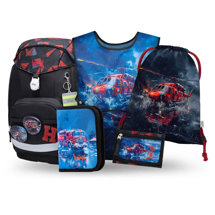 Set rucsac scolar 5 piese BAAGL Airy Plus Salvatori: Rucsac 25L, Penar, Sac, Sort si Portofel, Albastru, varsta 6-10 ani