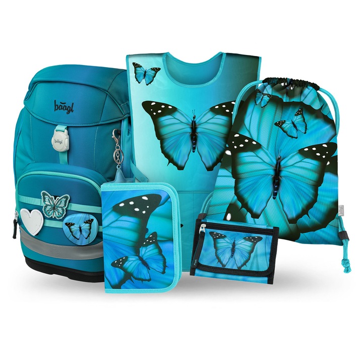 Set rucsac scolar 5 piese BAAGL Airy Plus Butterfly II: Rucsac 25L, Penar, Sac, Sort, Portofel, Albastru, varsta 6-10 ani