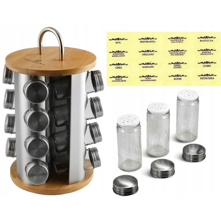 Rasnita condimente cu 16 recipiente, suport rotativ, inox, 18x18x27cm