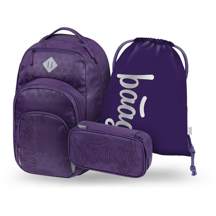 Set rucsac scolar 3 piese BAAGL Coolmate Plum: Rucsac 35L, Penar, Sac, 22x34x50 cm, Mov, liceu