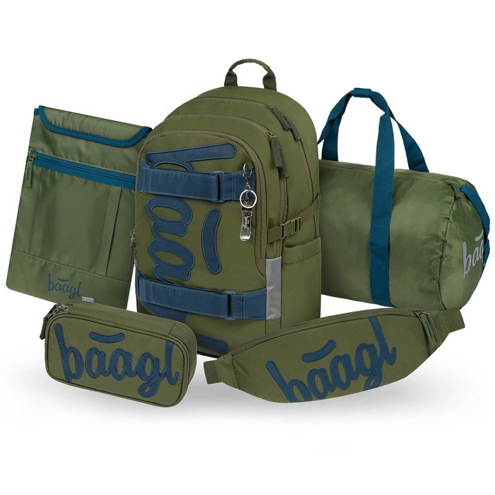 Set rucsac scolar 5 piese BAAGL Skate Olive II: Rucsac 25L, Penar, Geanta, Borseta, Husa laptop, Verde, clasele 3-8
