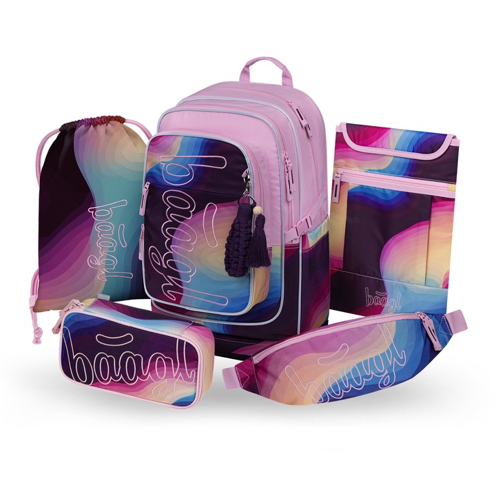 Set rucsac scolar 5 piese BAAGL Cubic Lyra: Rucsac 29L, Penar, Sac, Borseta, Husa laptop, Roz, clasele 3-8