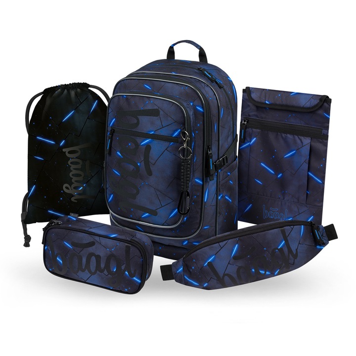Set rucsac scolar 5 piese BAAGL Cubic Flash: Rucsac 29L, Penar, Sac, Borseta, Husa laptop, Negru, clasele 3-8
