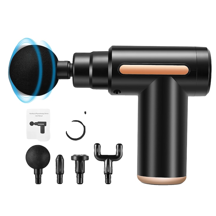 Pistol de masaj, 6 viteze, 4 capete de masaj, portabil, alimentare USB Type-C