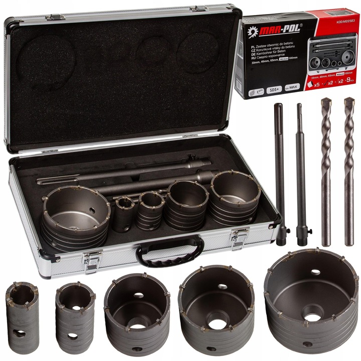 Set otornice beton SDS+ si SDS MAX 9 bucati, Mar-Pol, dimensiuni 30x75mm, 40x75mm, 65x75mm, 80x75mm, 100x75mm