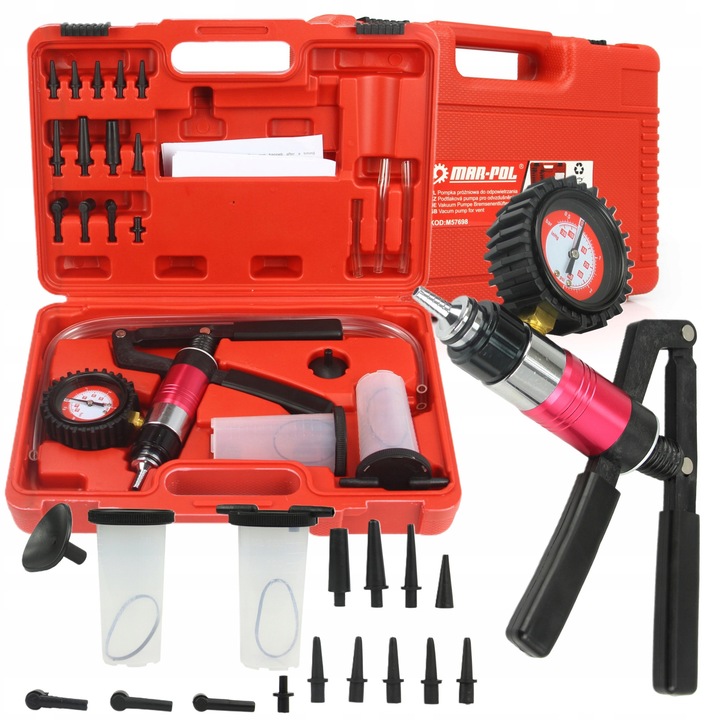 Set pompa de vid Mar-Pol M57698, 21 elemente, pentru diagnosticare sisteme auto, metalica, cu valiza