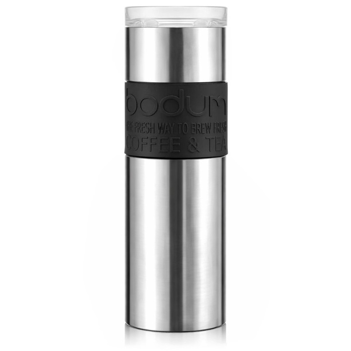 Termos - Vacuum Travel Mug 0.6 L Stainless Steel & Black with Clear Lid, Inox, Argintiu, 600 ml