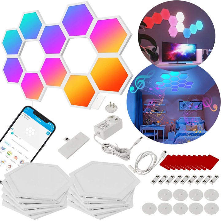 Set de panouri luminoase Govee Glide Hexa, 9 piese, alb, control Wi-Fi, compatibil cu Alexa si Google Assistant