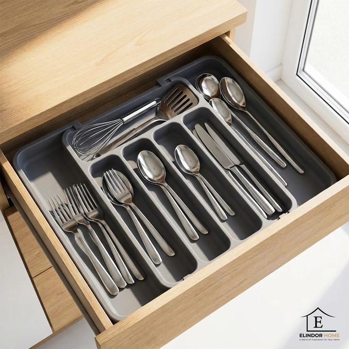 Organizator Elindor® pentru Tacamuri si Ustensile de Bucatarie, 5-7 Compartimente, Sertar Extensibil, Suport Ajustabil pentru Cutite, Linguri, Furculite, Accesorii Bucatarie, Separator Sertar, 31 × 21.5 × 4 cm, Gri