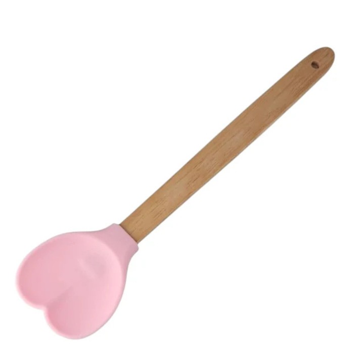 Spatula silicon in forma de inima cu maner lemn, 28 cm, multicolor