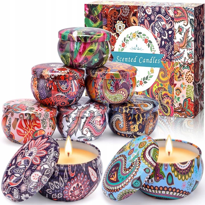 Комплект от 8 ароматни свещи от соев восък, декоративни, многоцветни, 15-20 часа горене